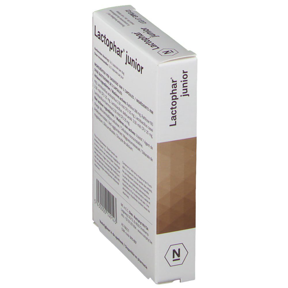 Vue en biais de la boîte Lactophar junior. Inscription Lactophar junior et Nutriphyt.