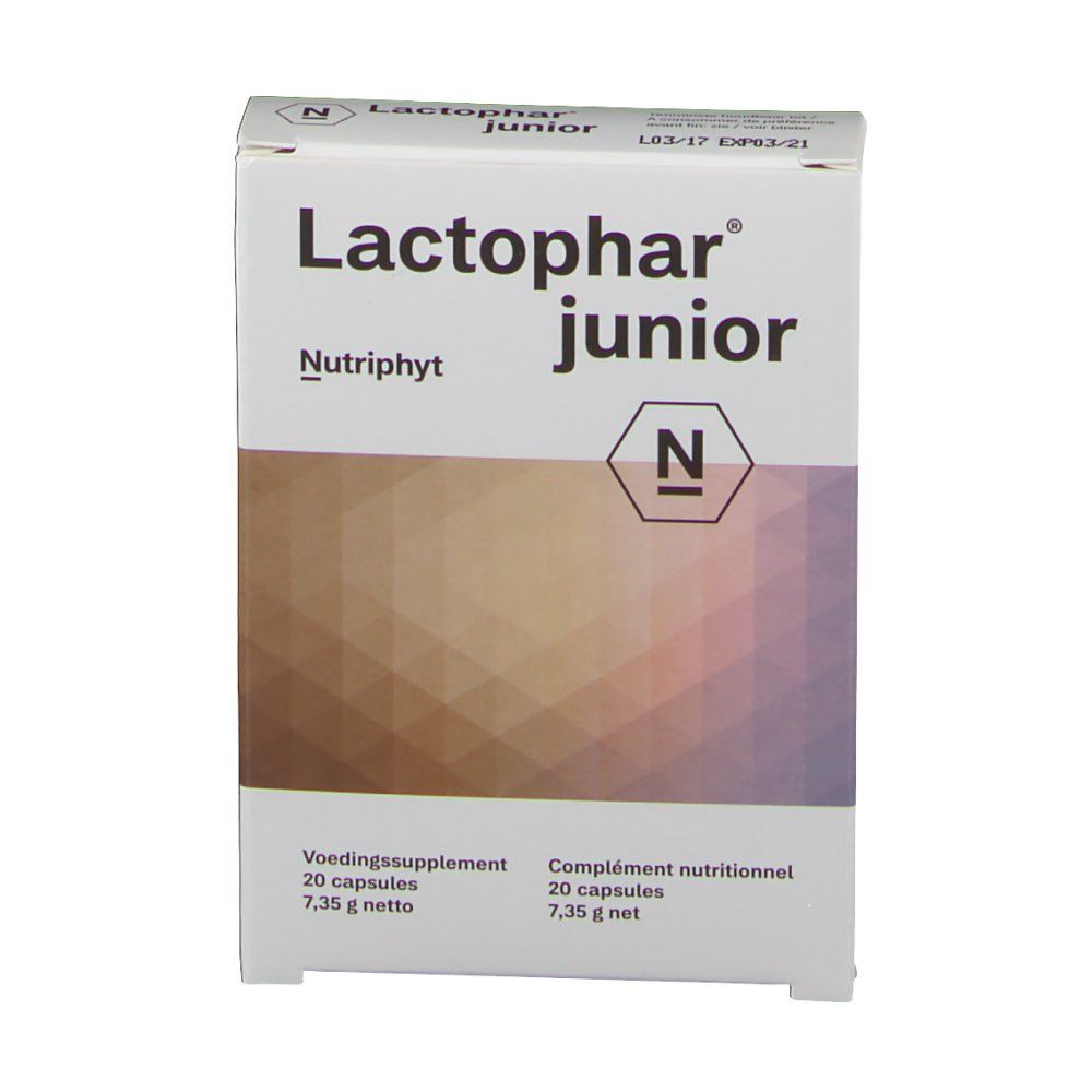 Vue de face de la boîte Lactophar junior. Contient 20 capsules. Marque Nutriphyt.