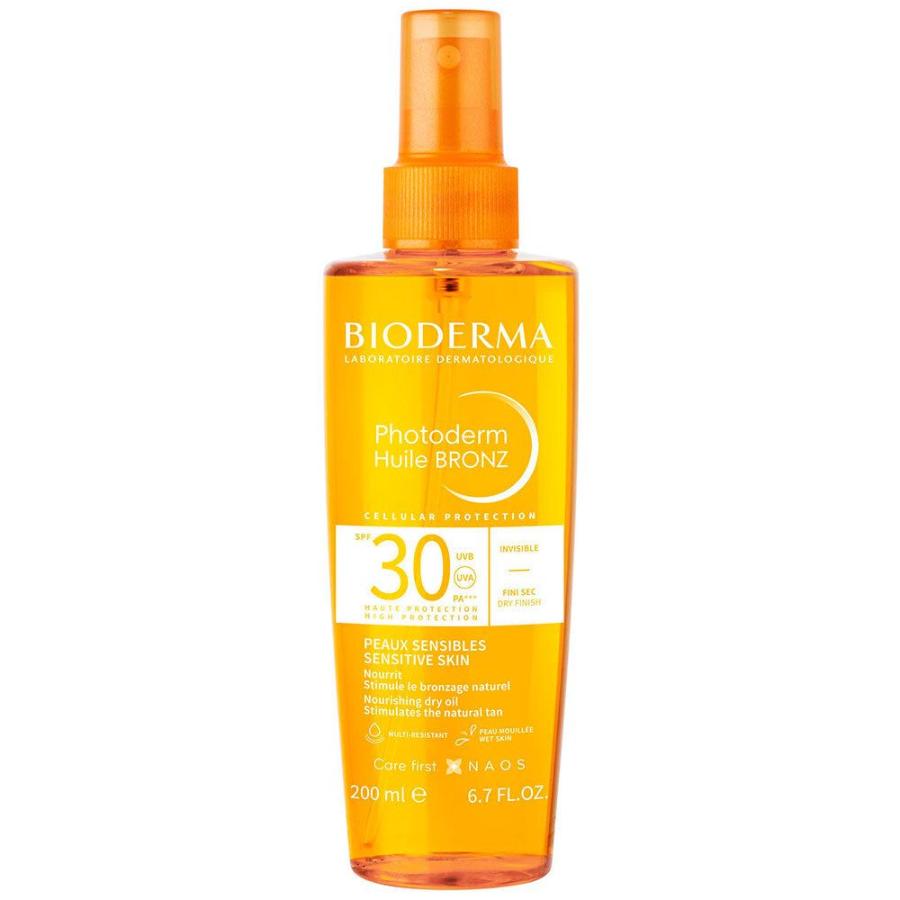 BIODERMA Photoderm BRONZ Huile sèche SPF 30. Flacon orange avec vaporisateur. SPF 30, pour peaux sensibles.