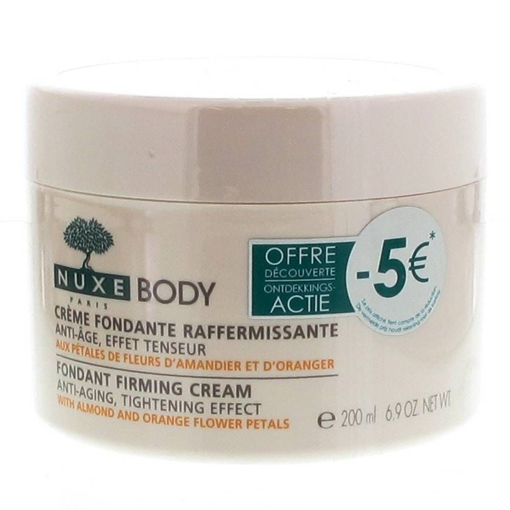 Pot de crème avec couvercle. Inscription: Nuxe Body. Texte: Crème Fondante Raffermissante. Avec autocollant de réduction.