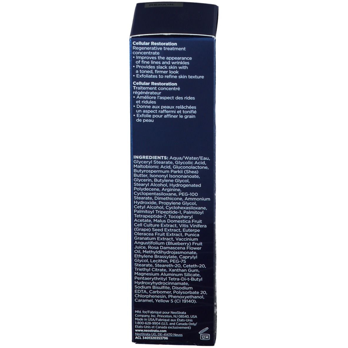 Rückseite der blauen Schachtel. Text in Englisch und Französisch. Enthält Informationen zum Produkt und Inhaltsstoffe.