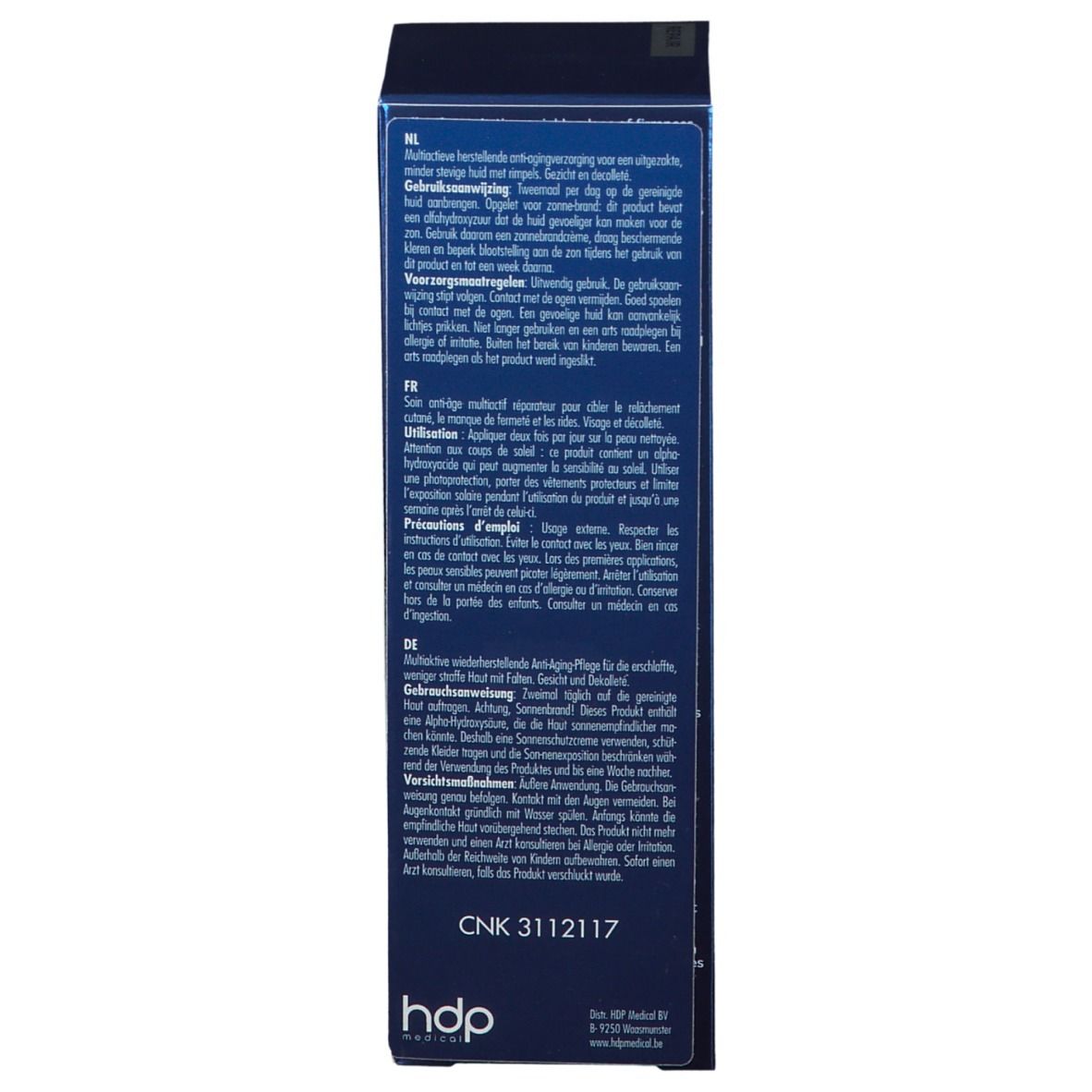 Seite der blauen Schachtel. Text in Englisch, Französisch und Niederländisch. Enthält Gebrauchsanweisung.