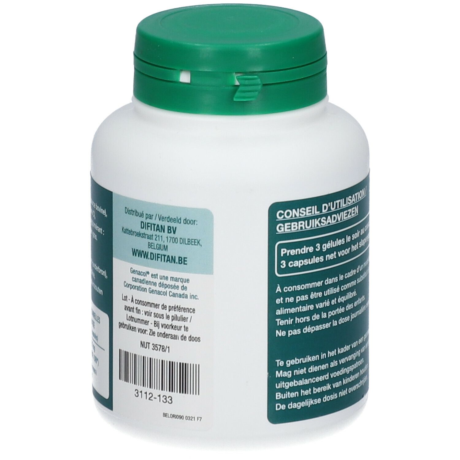 Flacon blanc avec bouchon vert. Inscription : Genacol. Dos avec informations fabricant et instructions d'utilisation.