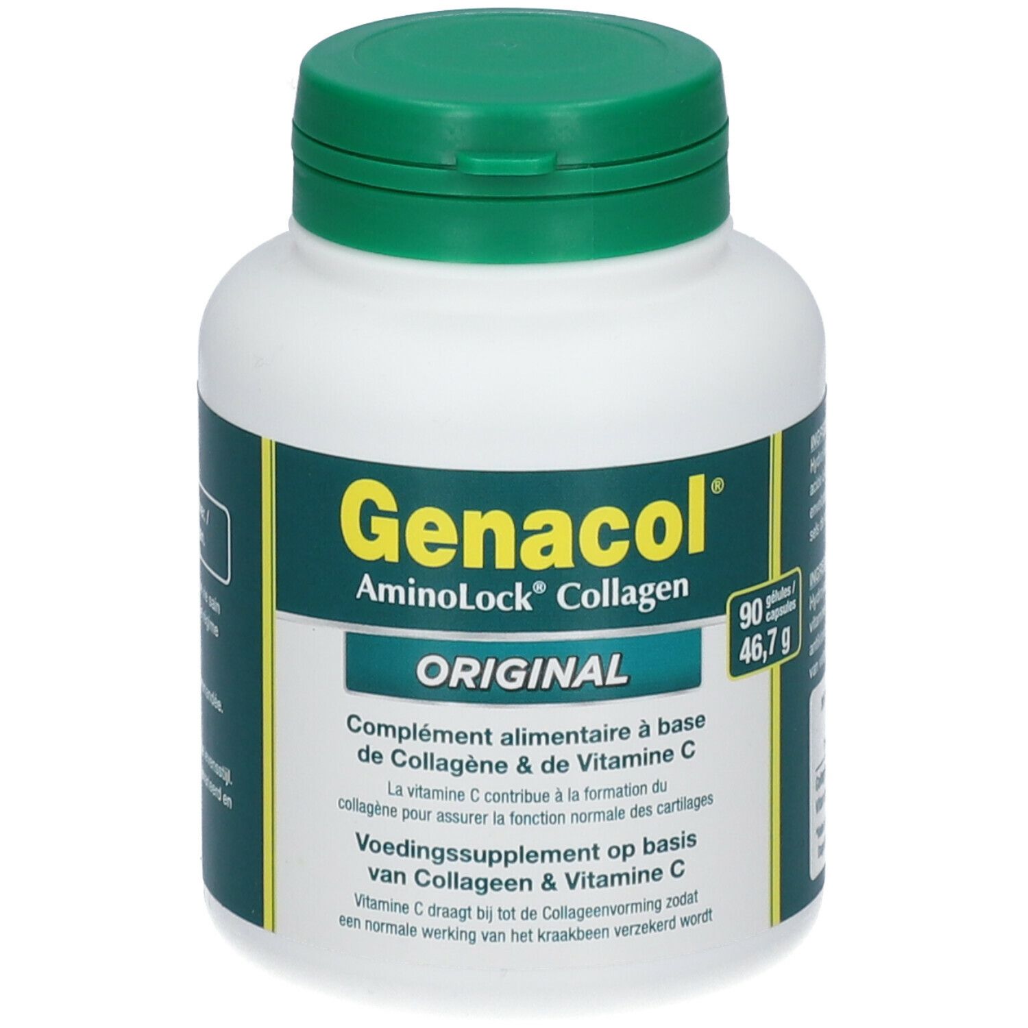 Flacon blanc avec bouchon vert. Inscription : Genacol, Aminolock Collagen, Original. Contient 90 gélules.
