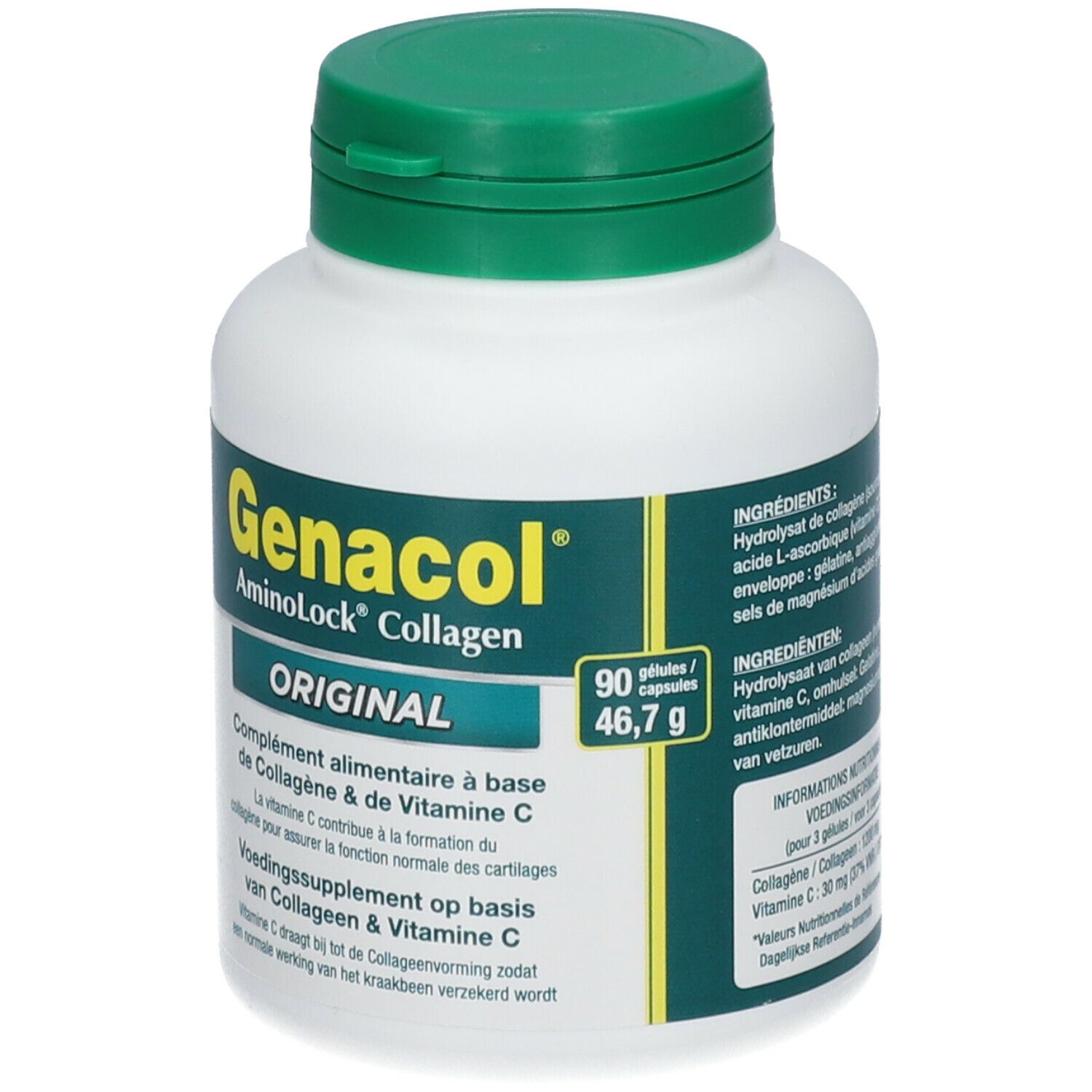 Flacon blanc avec bouchon vert. Inscription : Genacol, Aminolock Collagen, Original. Contient 90 gélules. Liste des ingrédients.
