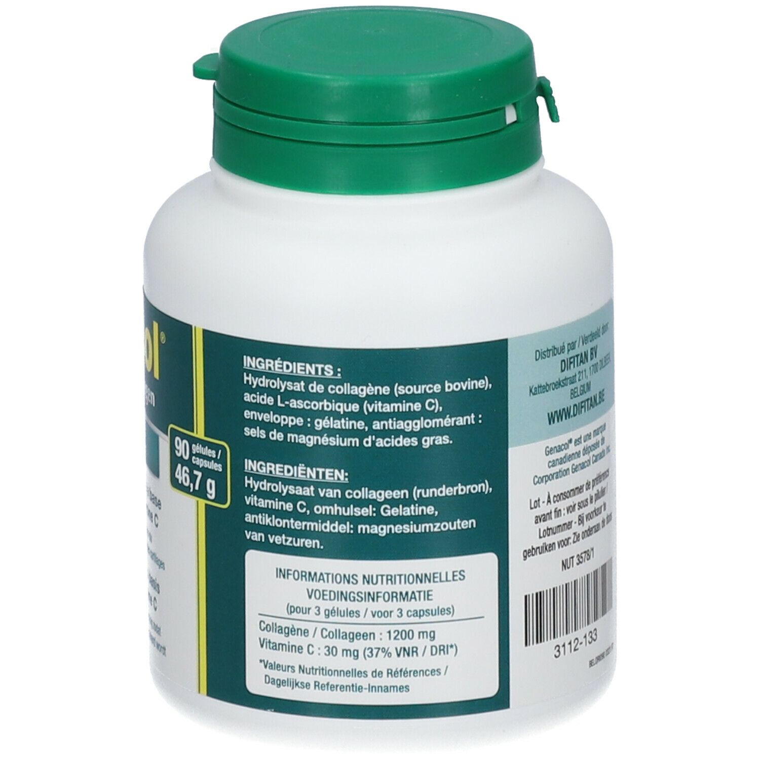 Flacon blanc avec bouchon vert. Inscription : Genacol. Dos avec ingrédients, informations nutritionnelles et fabricant.
