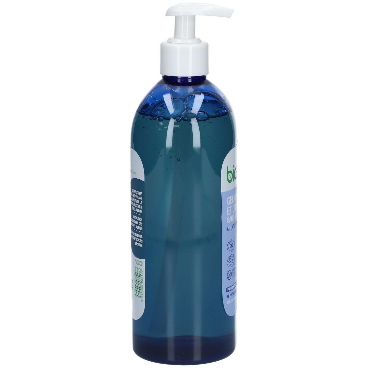 Flacon bleu avec pompe blanche, vue latérale. Inscription: Bio Secure, Gel Corps et Cheveux 2-1.