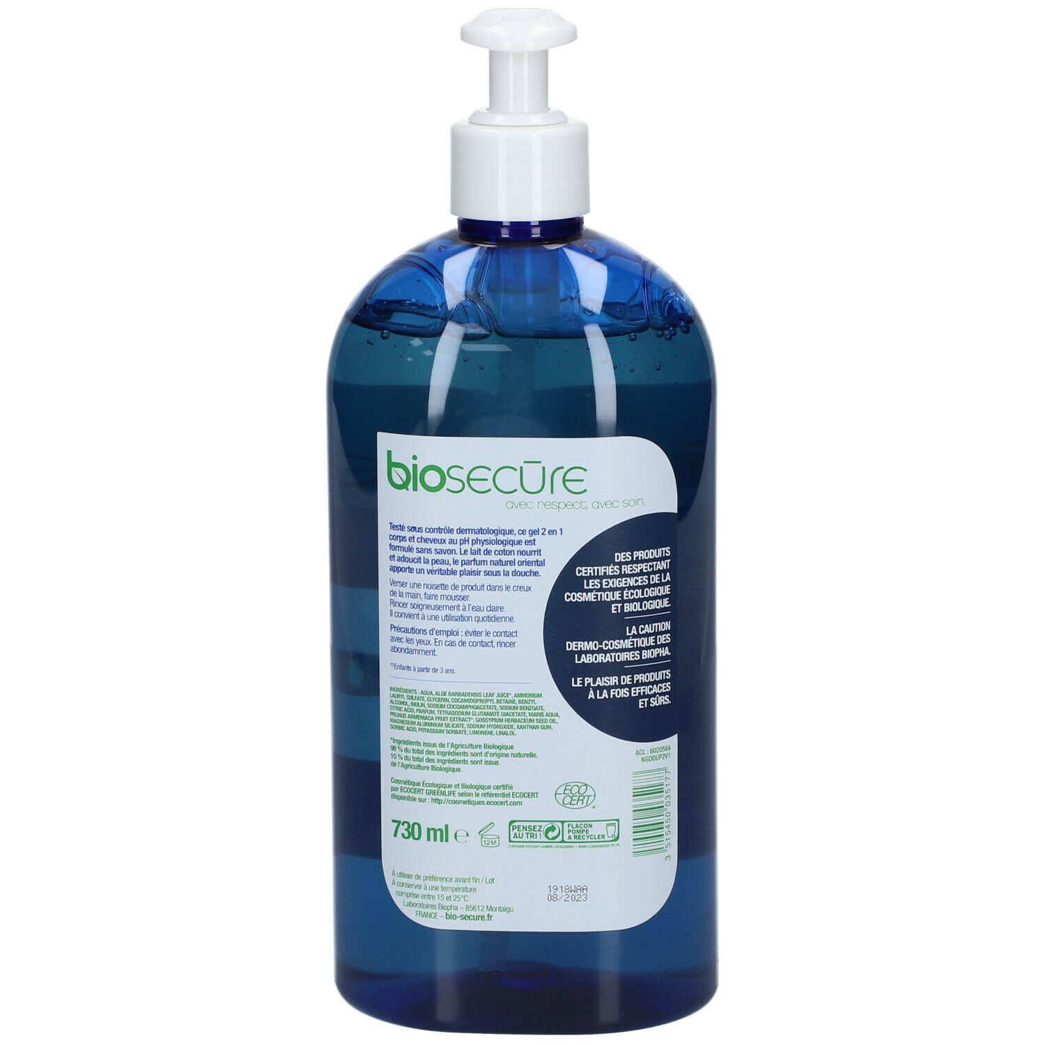 Dos du flacon bleu avec pompe blanche. Inscription: Bio Secure, 730 ml, certification Bio.