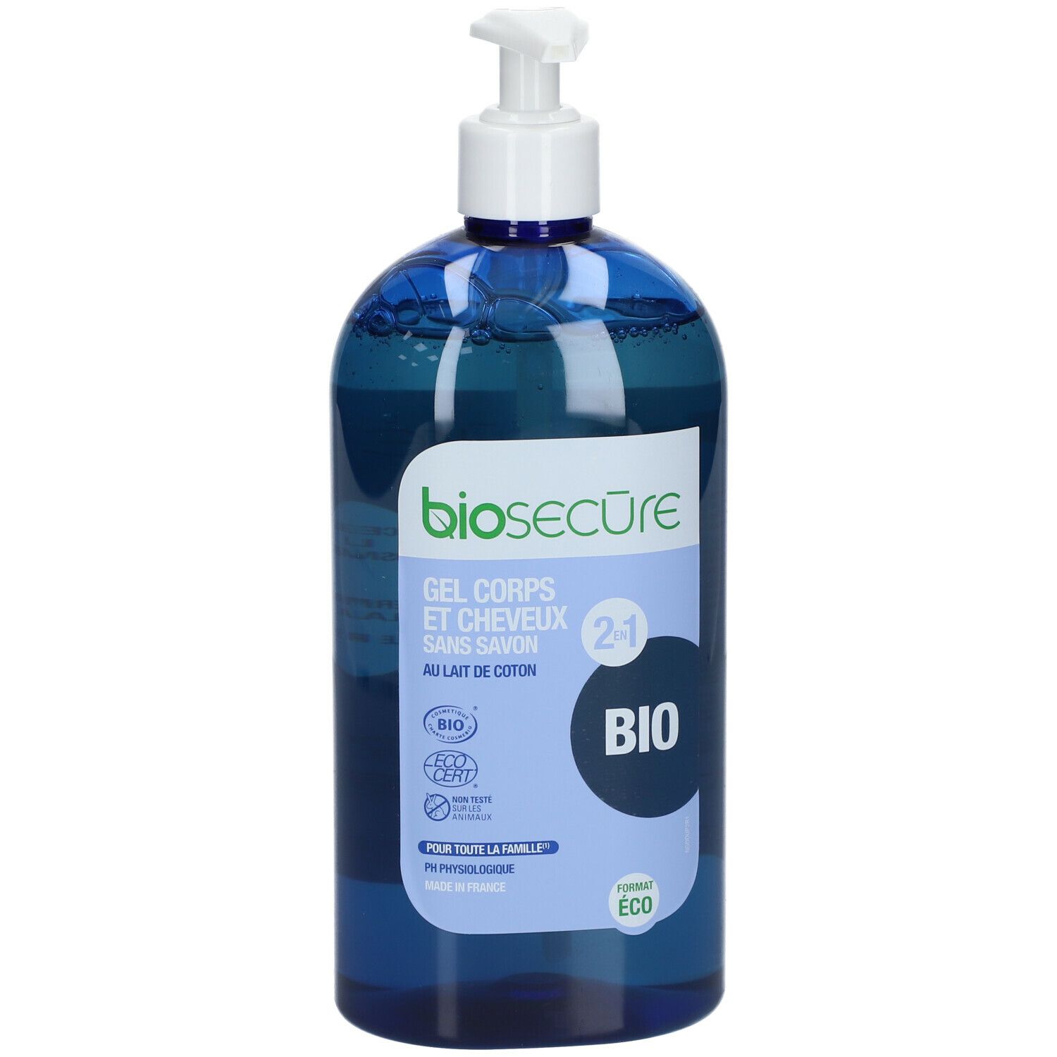 Flacon bleu avec pompe blanche. Inscription: Bio Secure, Gel Corps et Cheveux 2-1, certification Bio.