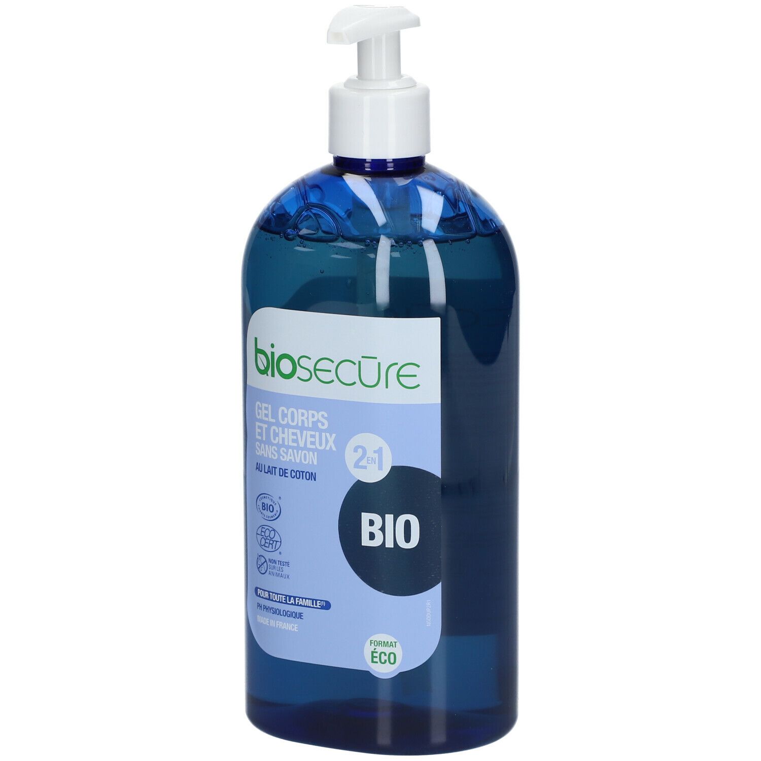 Flacon bleu avec pompe blanche. Inscription: Bio Secure, Gel Corps et Cheveux 2-1, certification Bio.