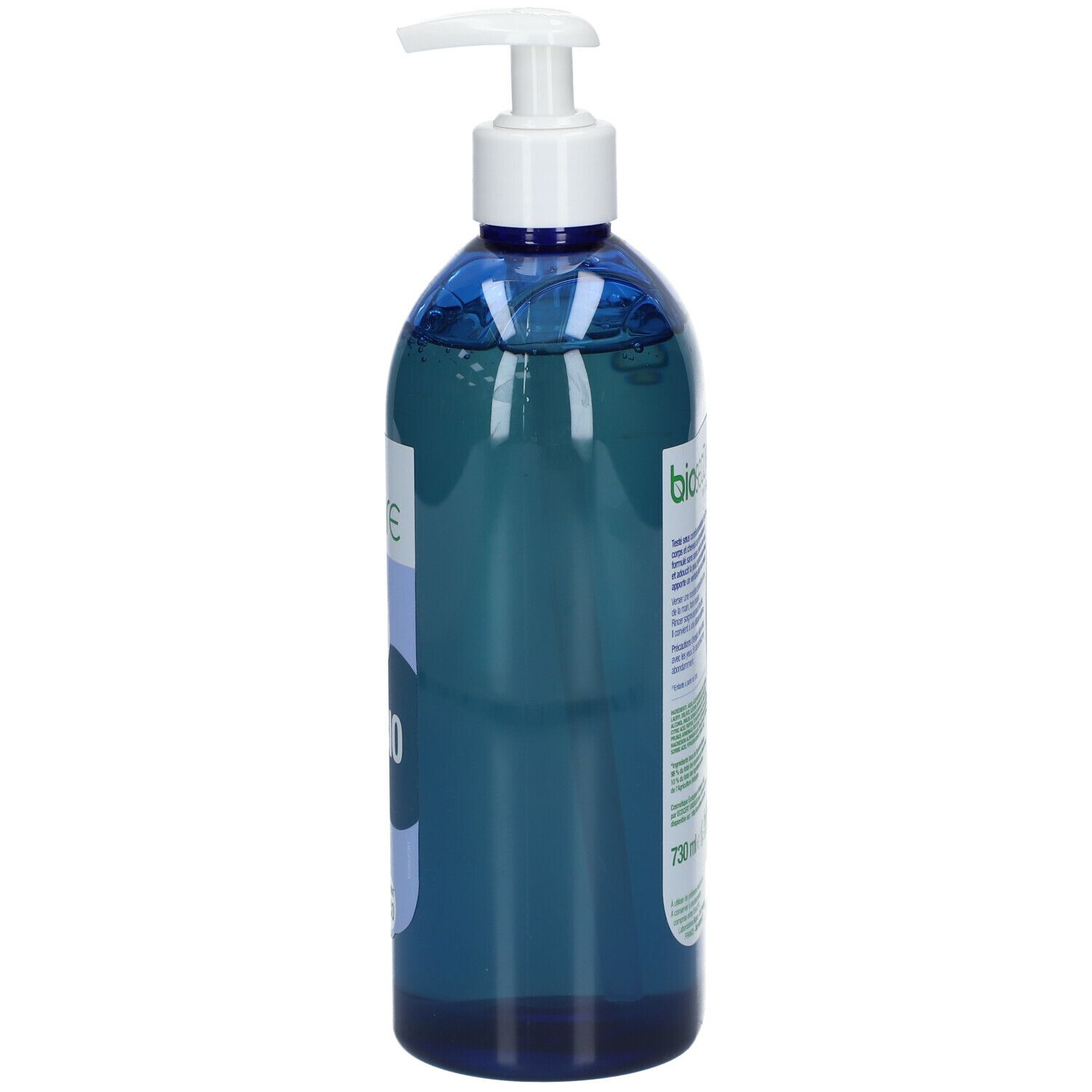 Flacon bleu avec pompe blanche, vue latérale. Inscription: Bio Secure, 730 ml.