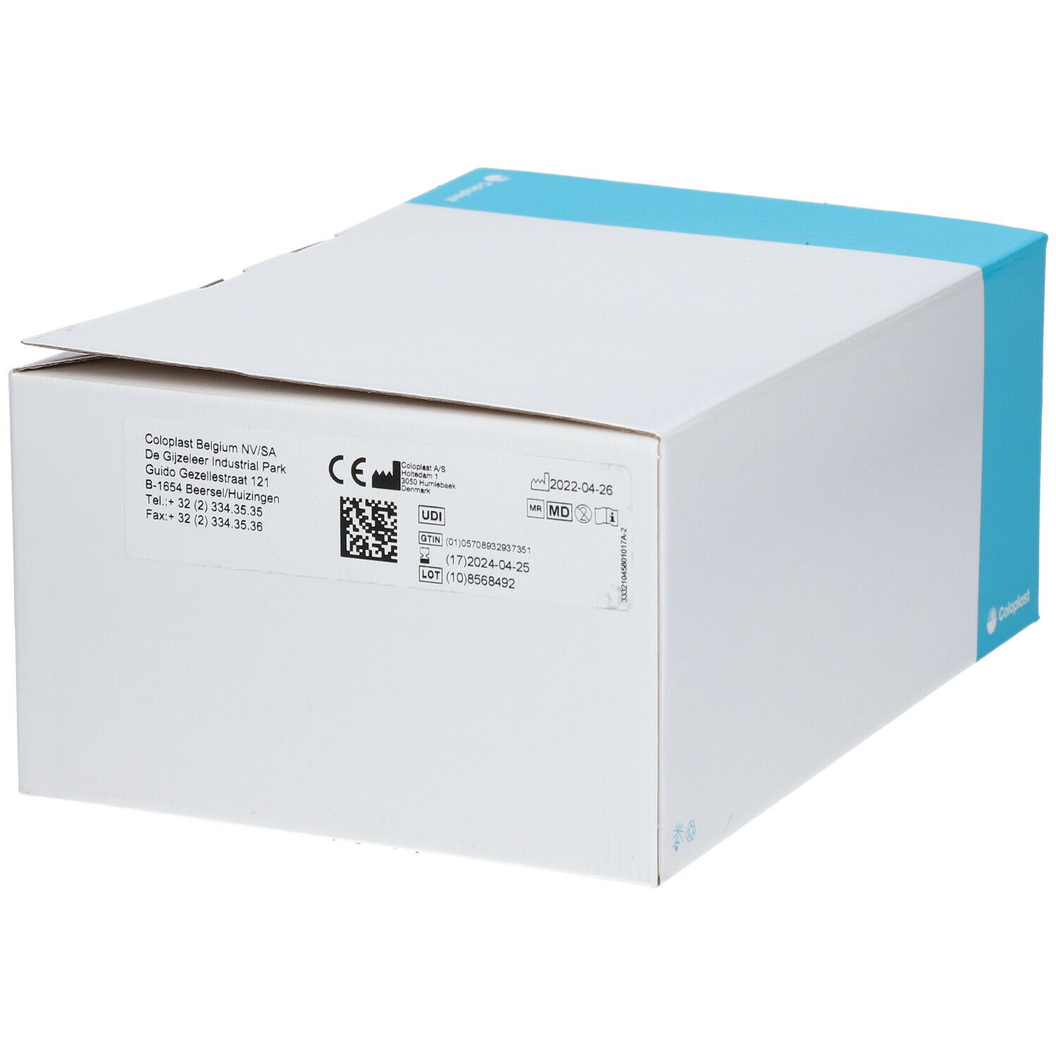 Boîte avec informations produit. Logo Coloplast. Marquage CE. Code QR. Date de péremption.