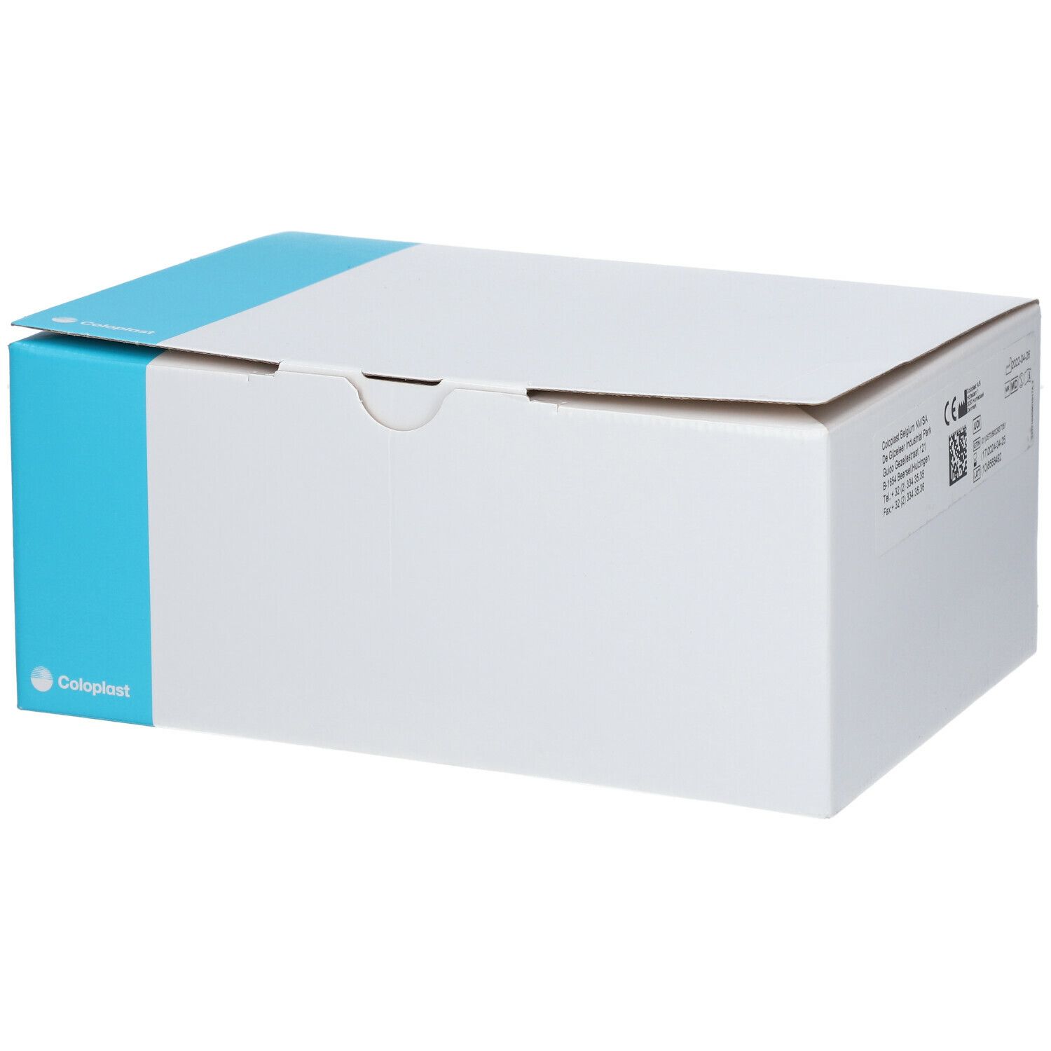 Boîte avec logo Coloplast. Partiellement ouverte.