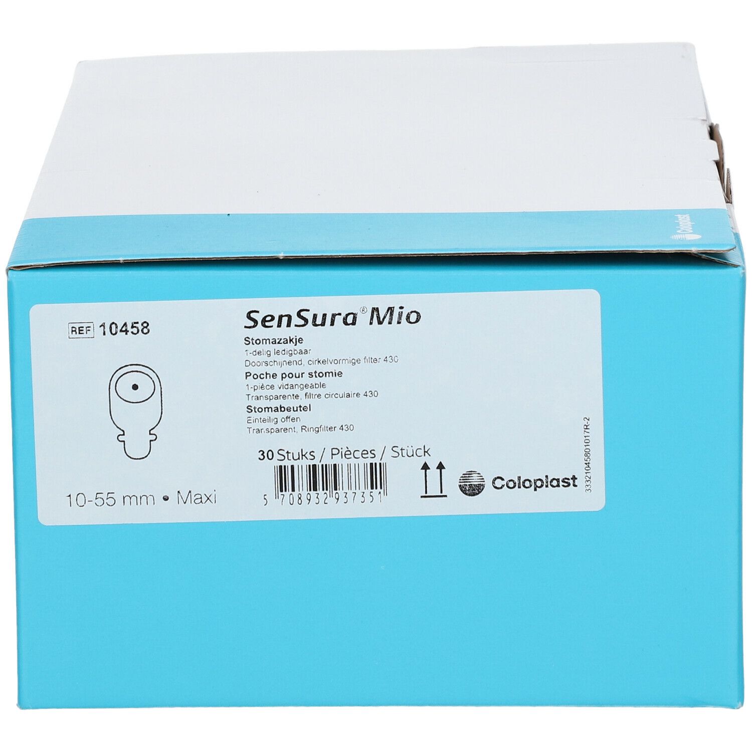 Boîte Sensura Mio, 10-55mm, 30 pièces. Logo Coloplast. Boîte ouverte.