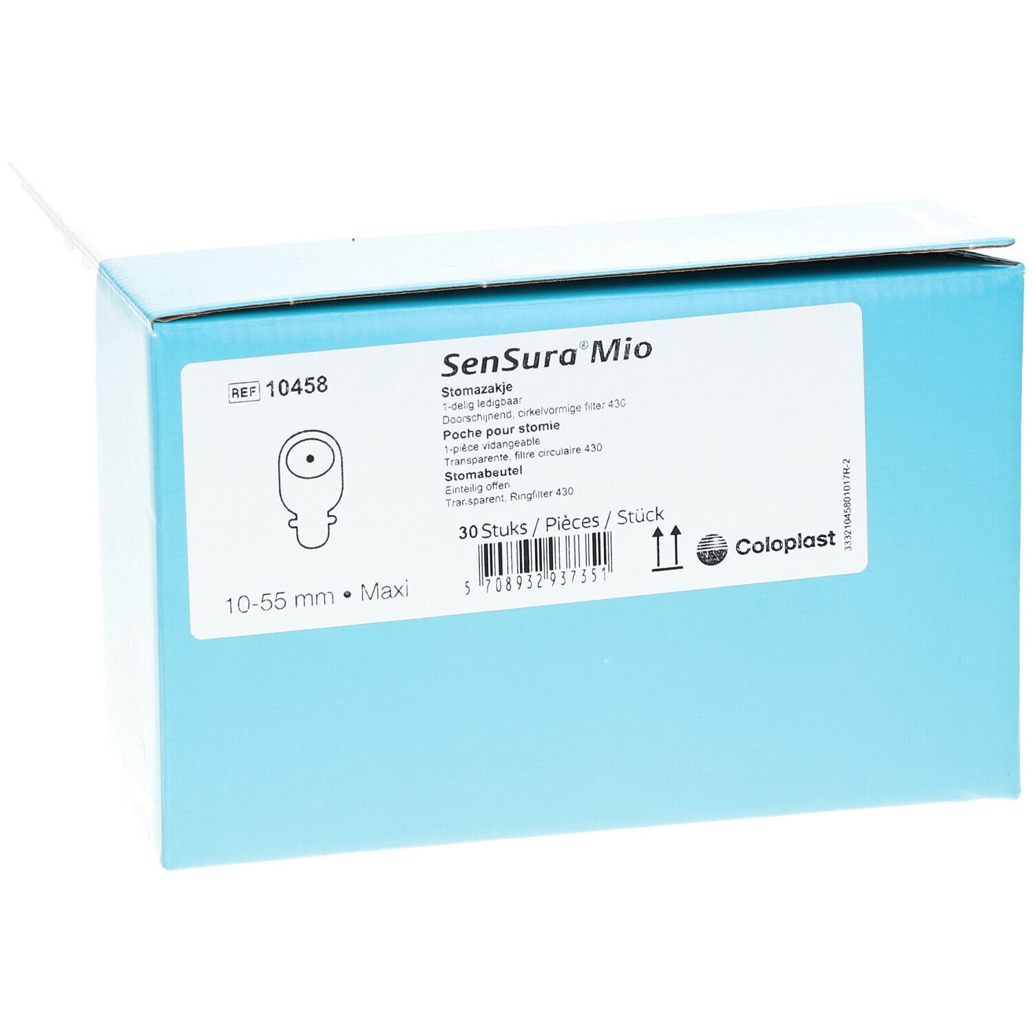Boîte Sensura Mio, 10-55mm, 30 pièces. Logo Coloplast. Boîte ouverte.