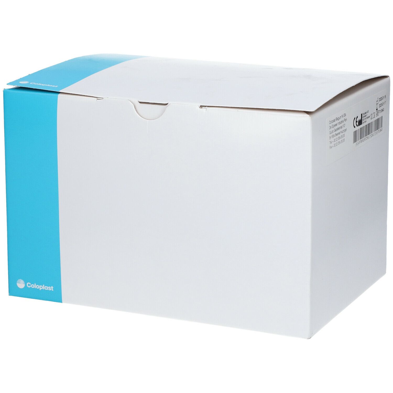 Boîte blanche avec bande bleue. Logo Coloplast en bas à gauche.