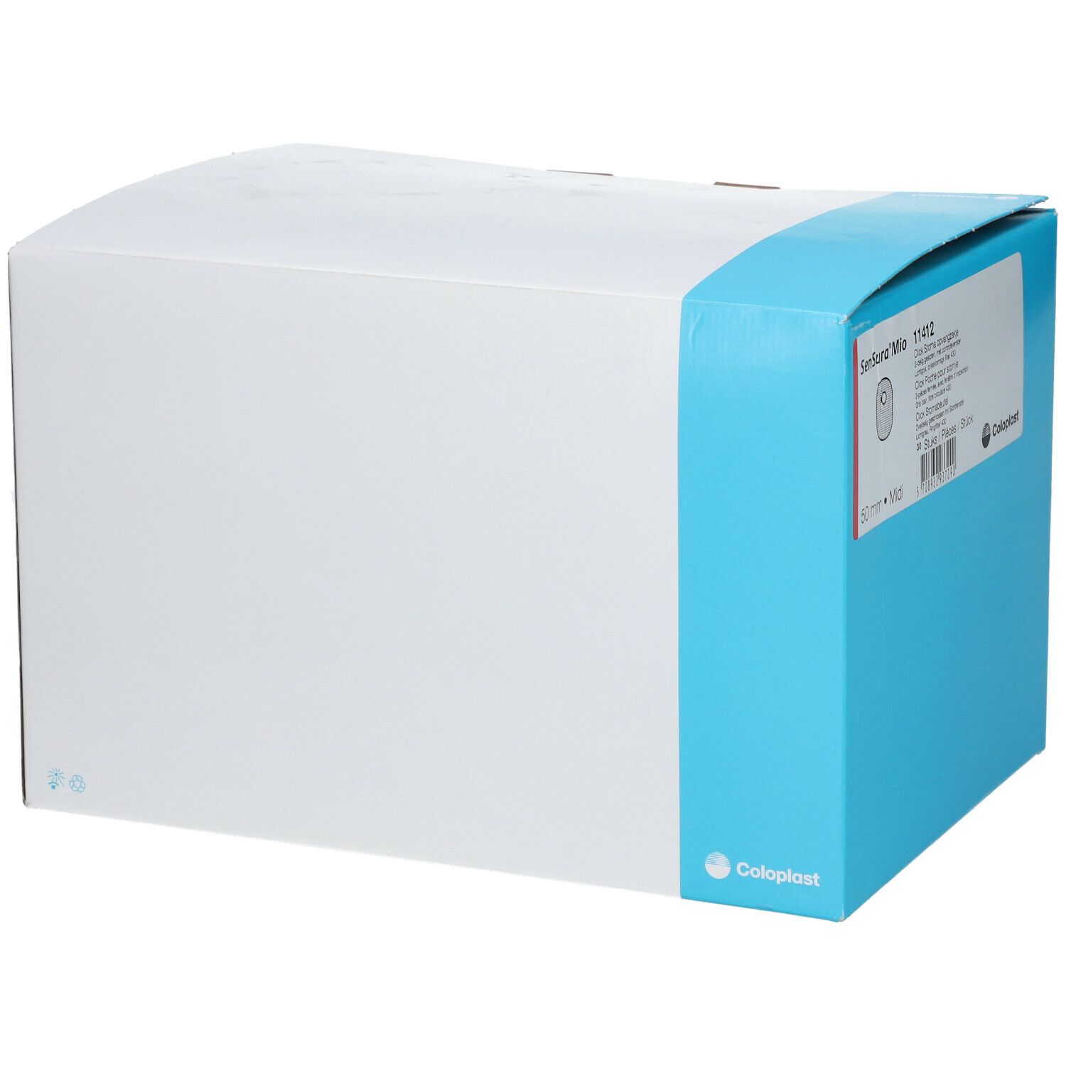 Boîte avec informations produit. SenSura Mio 11412, logo Coloplast.