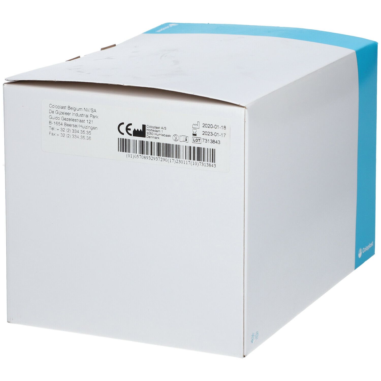 Boîte avec informations. Marque CE, numéro de lot, adresse Coloplast.