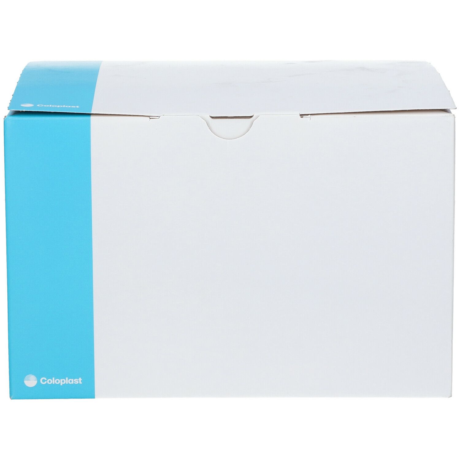 Boîte blanche avec bande bleue et logo Coloplast.