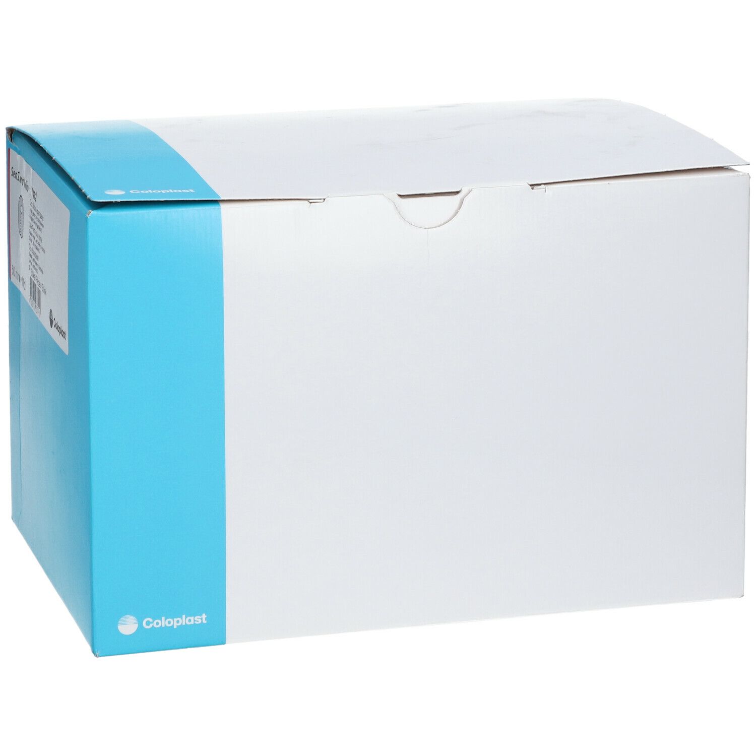 Boîte blanche avec bande bleue et logo Coloplast.