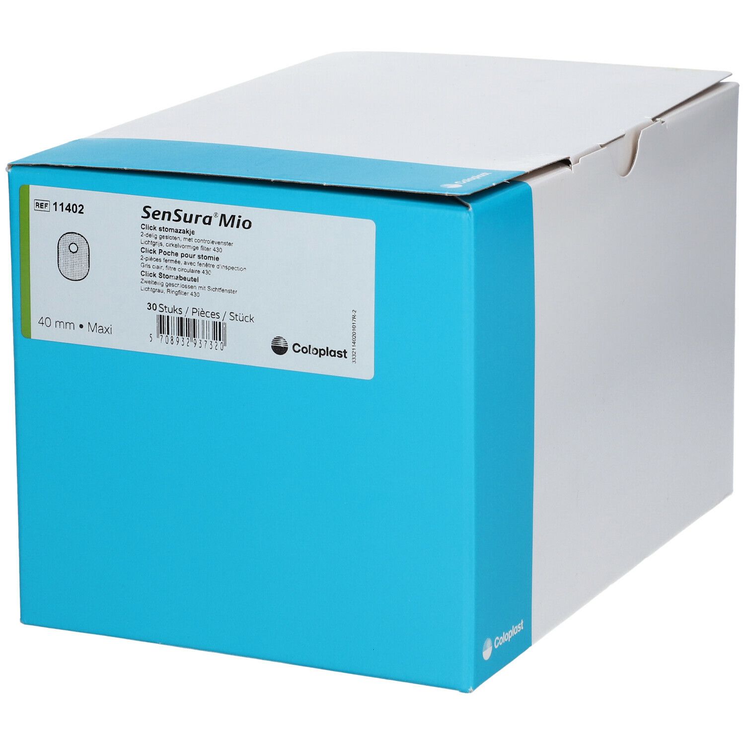 Boîte avec informations produit. Inscription SenSura Mio, 40 mm, 30 pièces. Logo Coloplast.