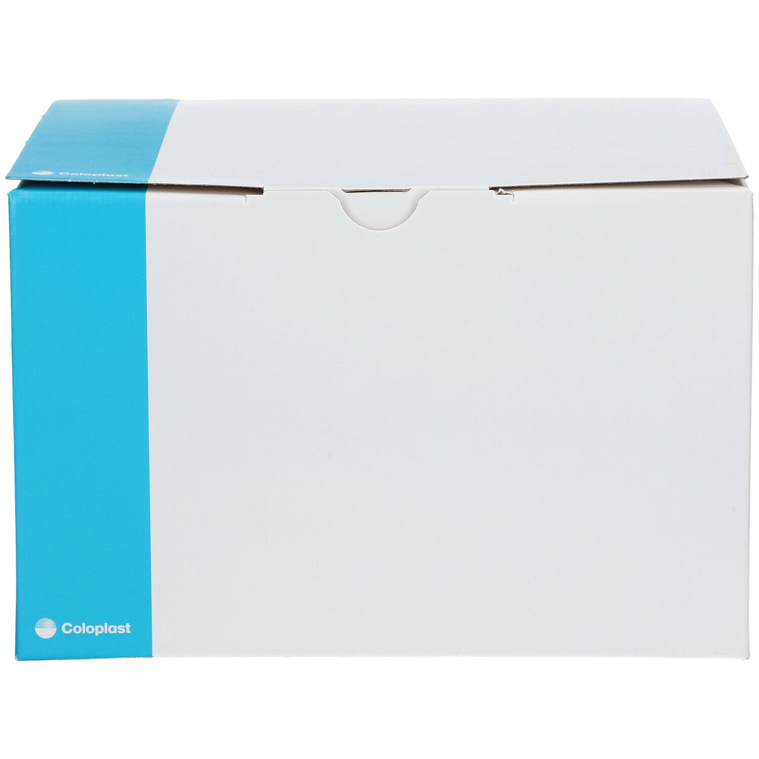 Boîte blanche avec accent bleu et logo Coloplast.