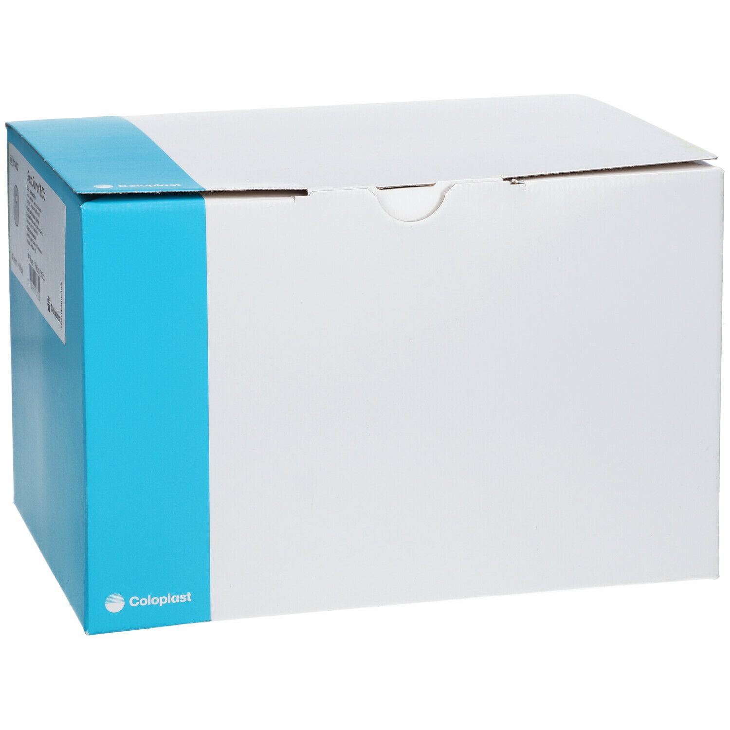 Boîte blanche avec accent bleu et logo Coloplast.