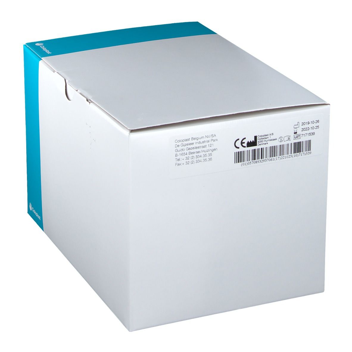 Boîte en carton avec informations produit. Couleurs bleu et blanc. Logo Coloplast. Marquage CE.