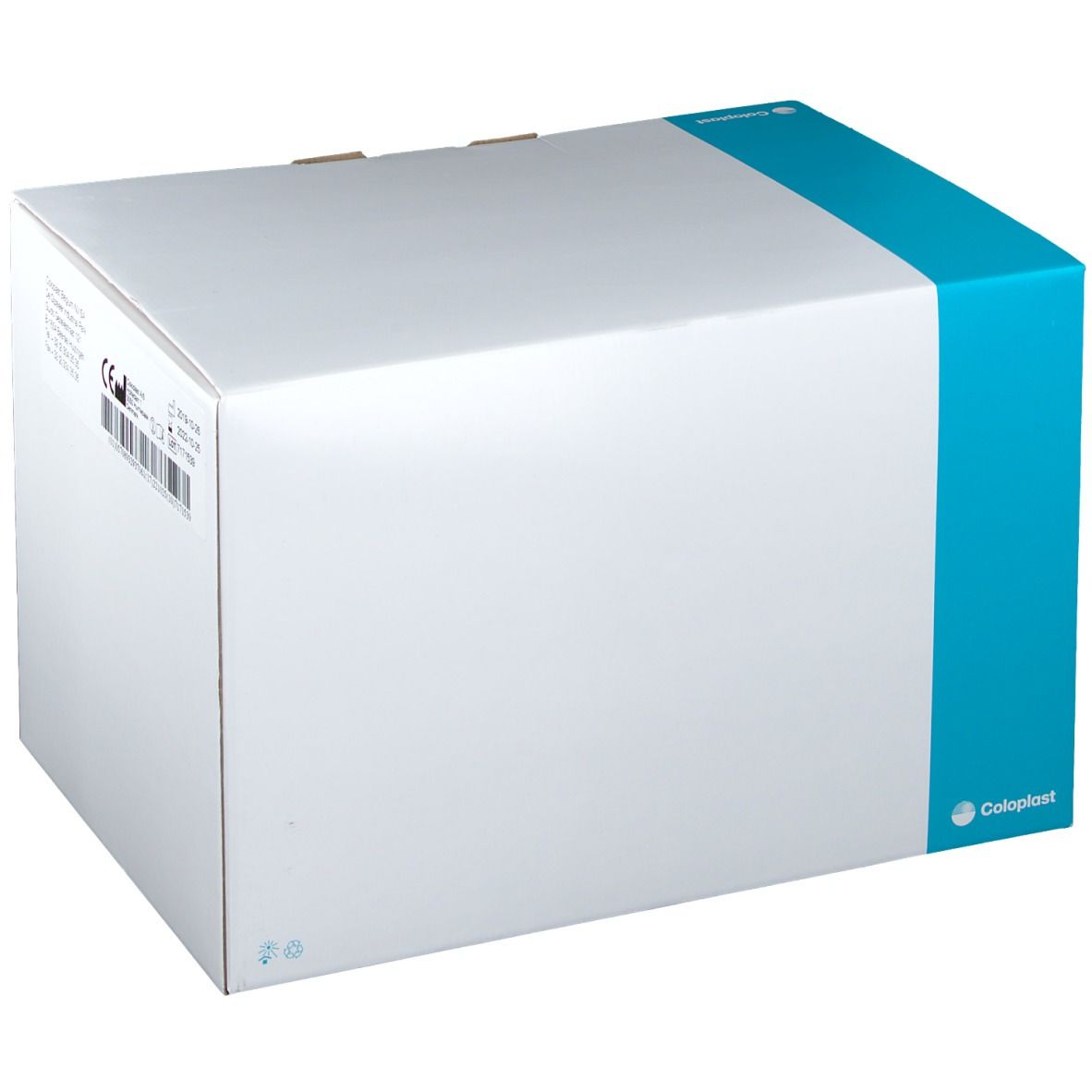 Boîte en carton avec informations produit. Couleurs bleu et blanc. Logo Coloplast. Marquage CE.