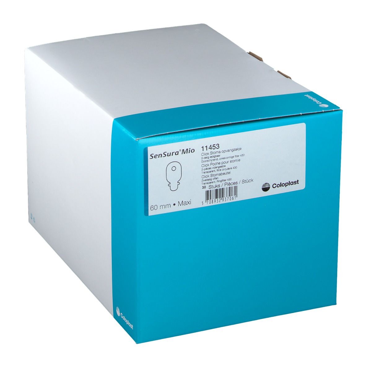 Boîte en carton avec informations produit. Couleurs bleu et blanc. Nom du produit: Sensura Mio Click. Logo Coloplast.