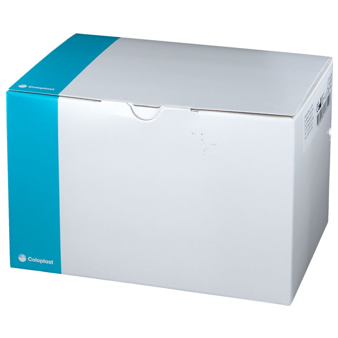 Boîte en carton avec informations produit. Couleurs bleu et blanc. Logo Coloplast.