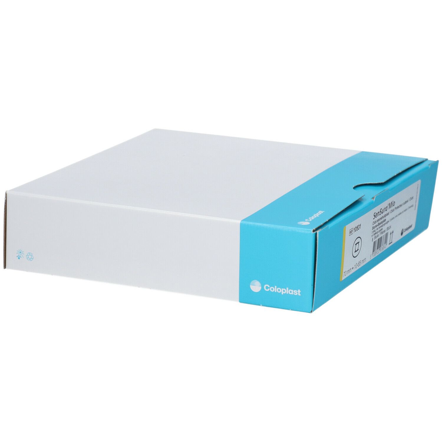 Emballage blanc et bleu. Inscription : SenSura Mio. Logo Coloplast. Emballage du produit.