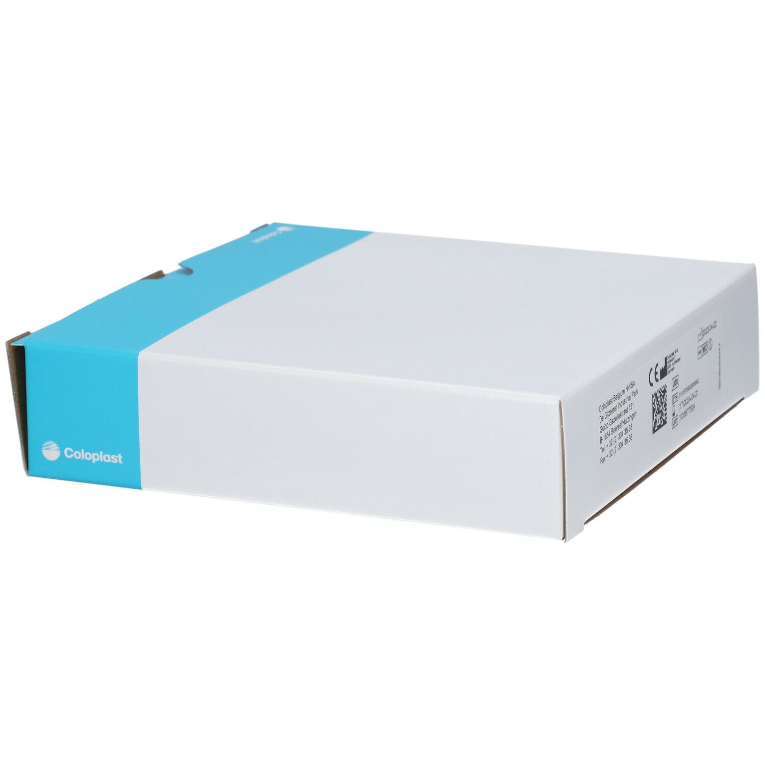 Emballage du produit. Blanc et bleu. Logo Coloplast. Informations et marquages.