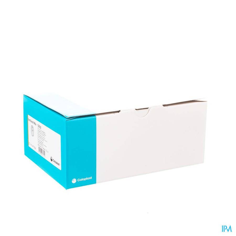 Boîte en carton blanche et turquoise. Informations produit et logo Coloplast sur le côté turquoise. Vue en perspective.