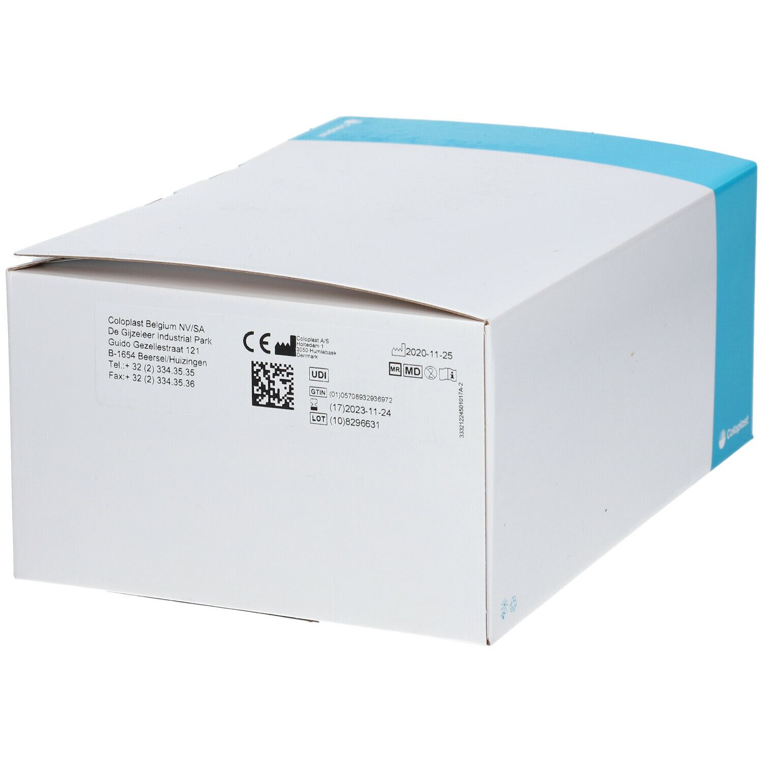 Dos de l'emballage. Informations, marquage CE, code UDI, symbole MD. Adresse Coloplast.