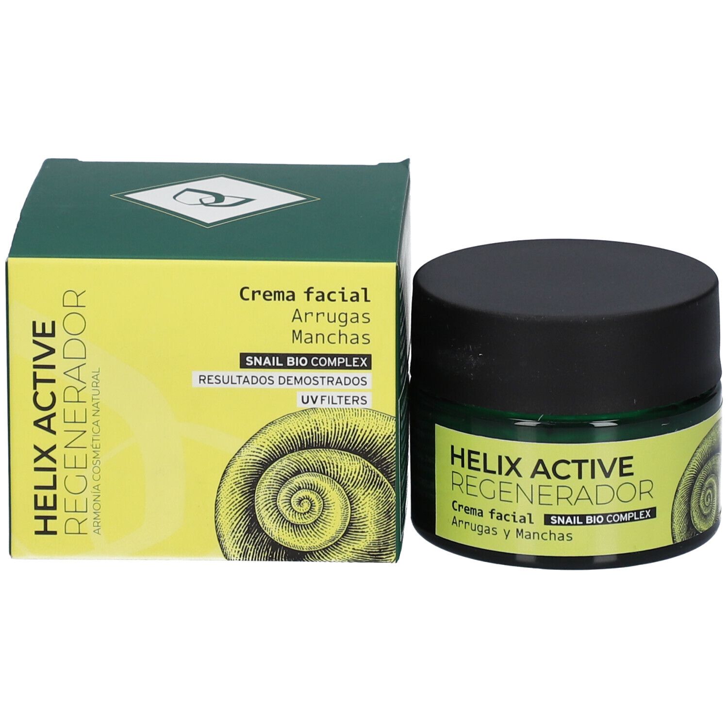 Cremeglas und Schachtel. Glas: HELIX ACTIVE REGENERADOR. Schachtel: HELIX ACTIVE REGENERADOR, Schnecken-Illustration.