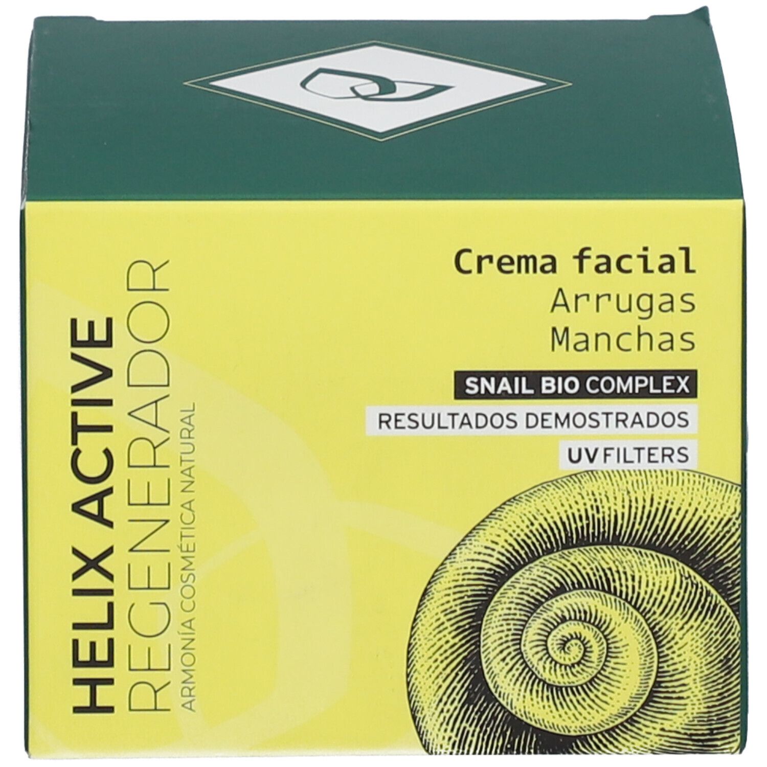 Schachtel mit Text: HELIX ACTIVE REGENERADOR, Schnecken-Illustration.