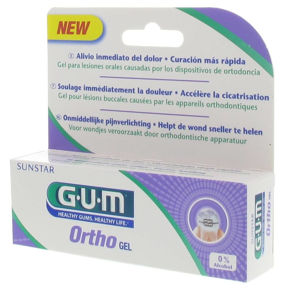 Gel dentaire G.U.M Ortho Gel, emballage avec texte multilingue. Contient 0% d'alcool. Pour lésions buccales.