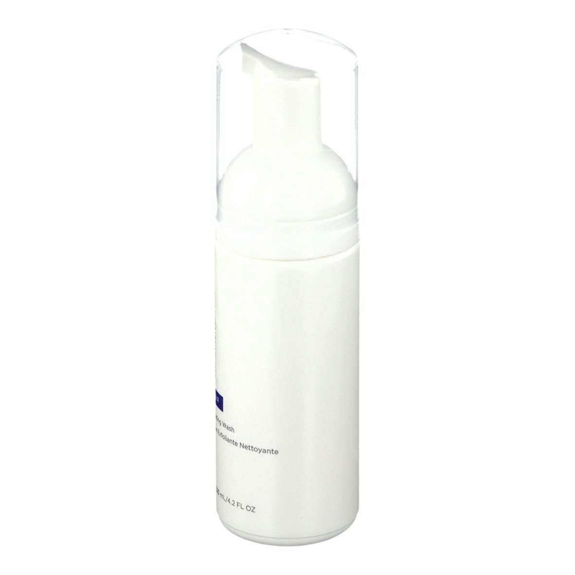 Flacon blanc avec pompe. Inscription: NEOSRTATA, Exfoliating Wash. Accents bleus. Couvercle transparent.