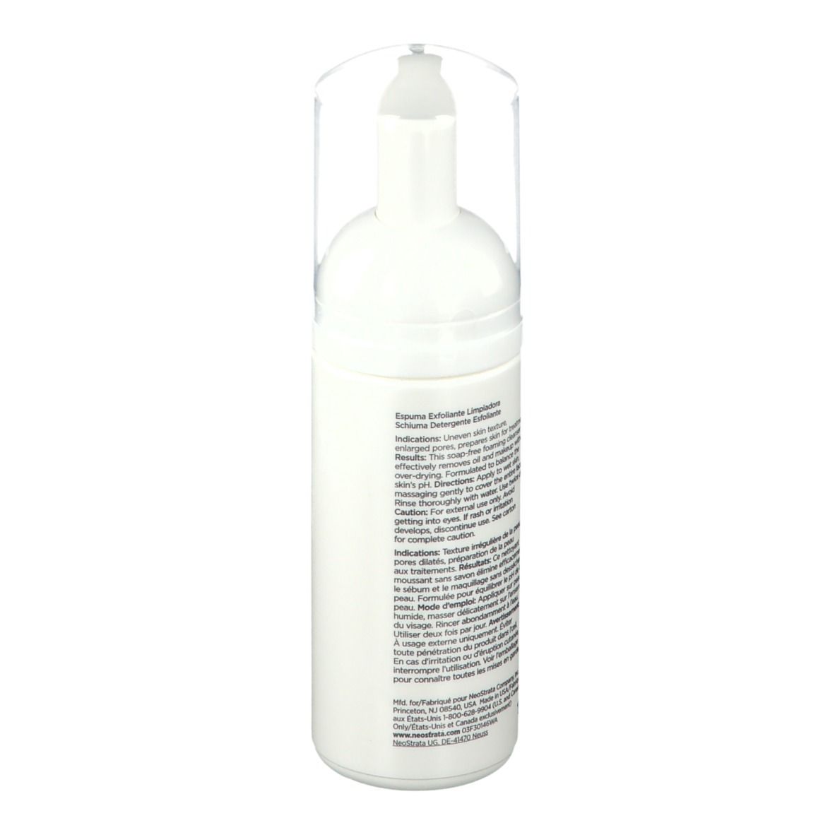 Flacon blanc avec pompe. Texte au dos. Couvercle transparent. Informations sur le produit.