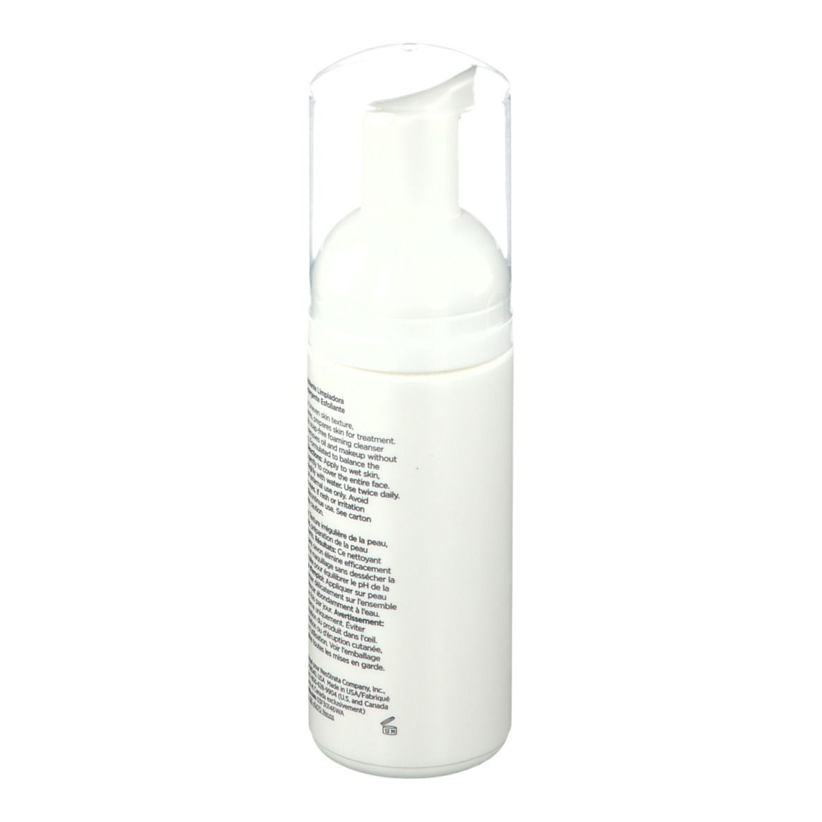 Flacon blanc avec pompe. Texte au dos. Couvercle transparent. Informations sur le produit.