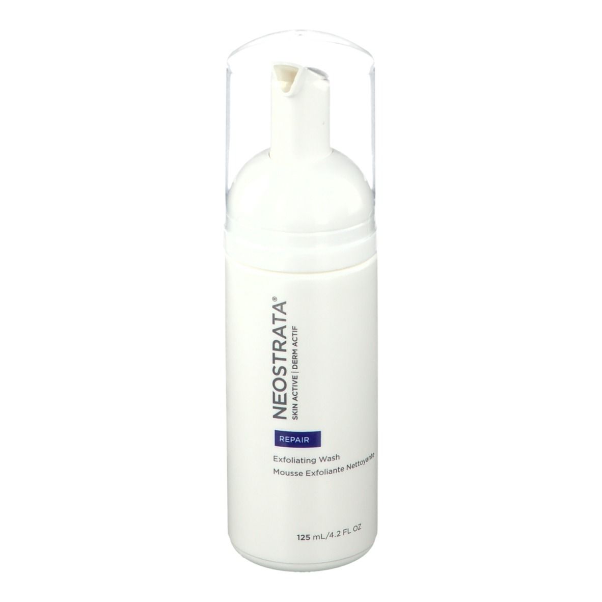 Flacon blanc avec pompe. Inscription: NEOSRTATA, Exfoliating Wash. Accents bleus. Couvercle transparent.