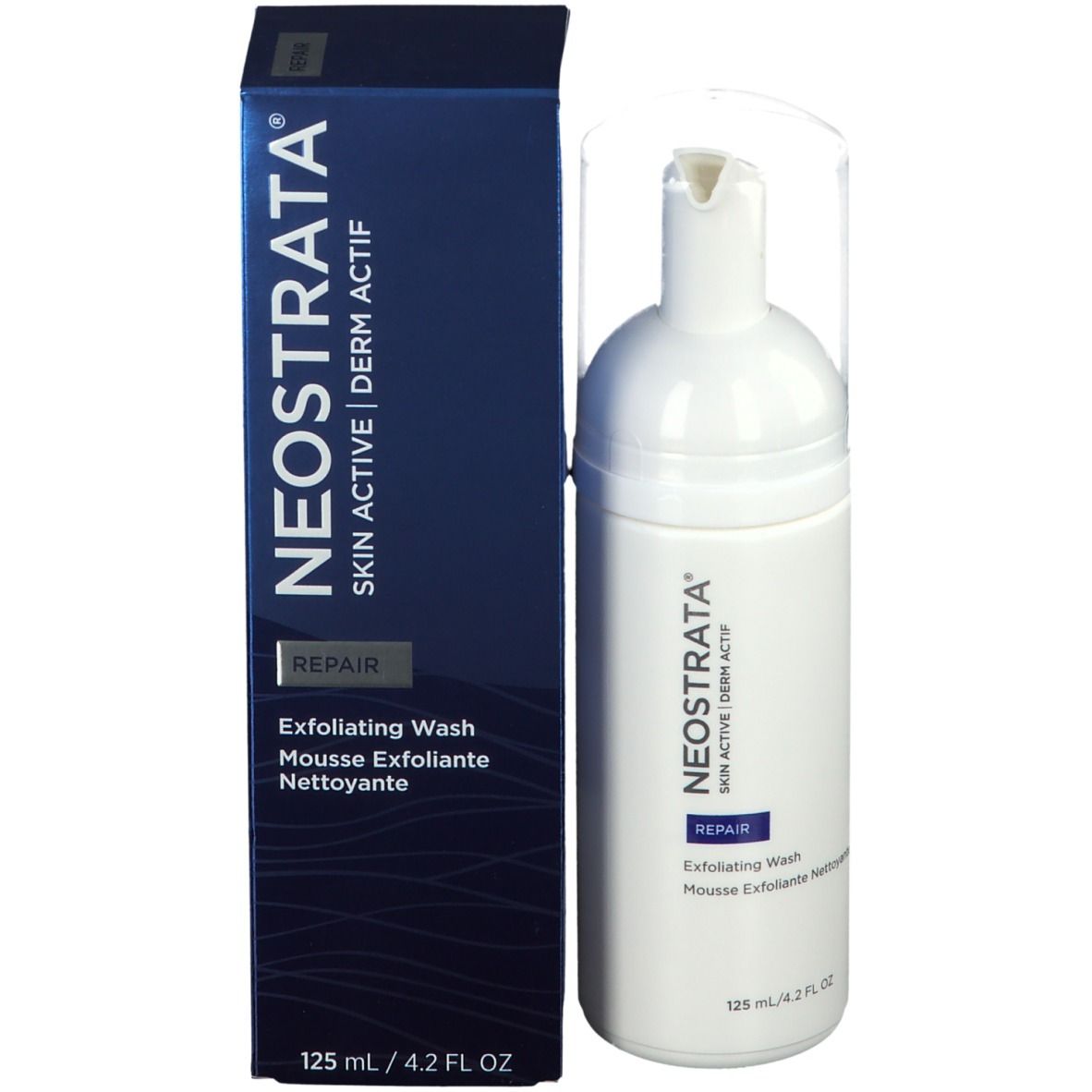 Produit et emballage. Flacon blanc avec pompe et boîte bleue. Inscription: NEOSRTATA, Exfoliating Wash.