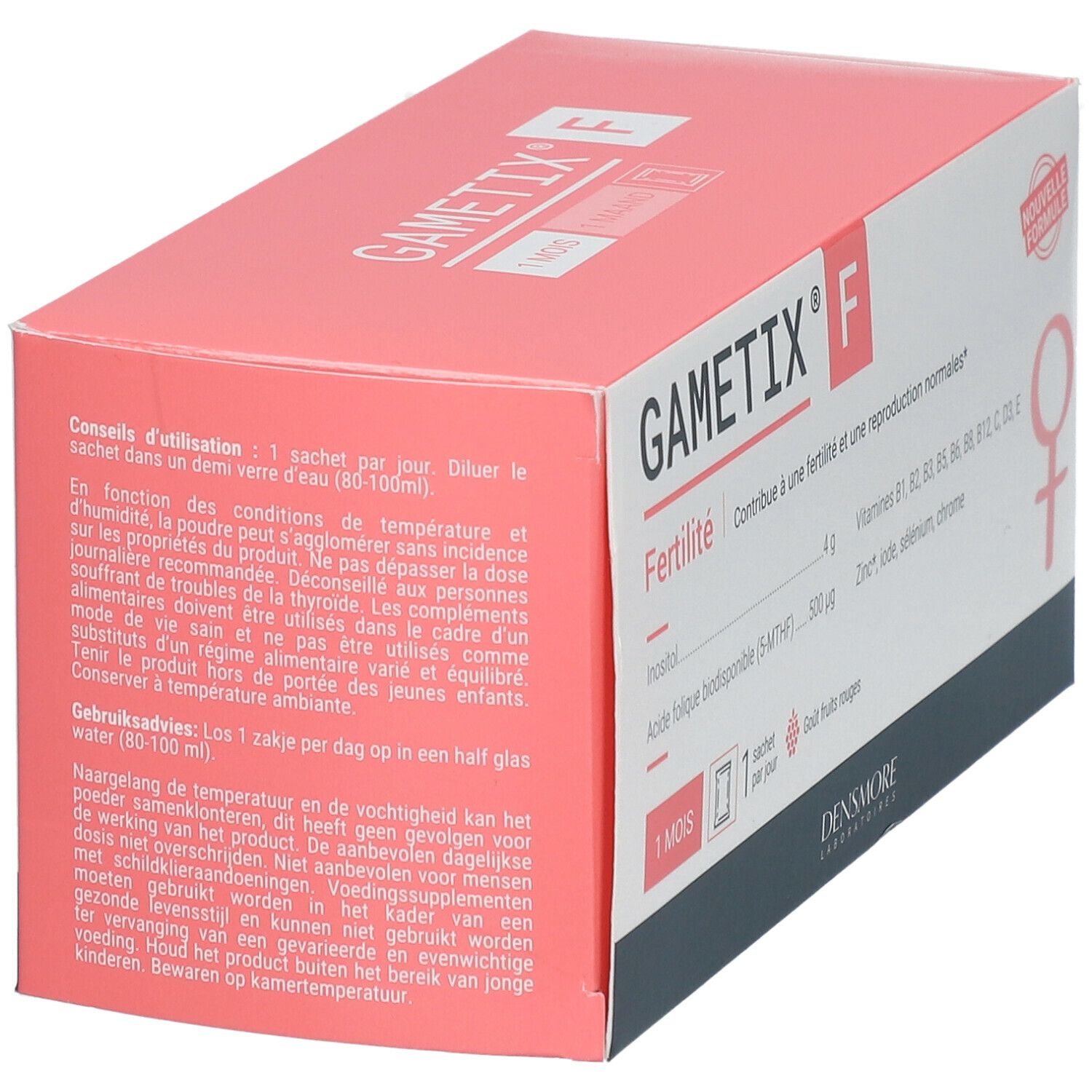 Boîte Gametix F. Inscription: Fertilité, Inositol, acide folique, vitamines, zinc, iode, sélénium, chrome. Symbole féminin rouge.