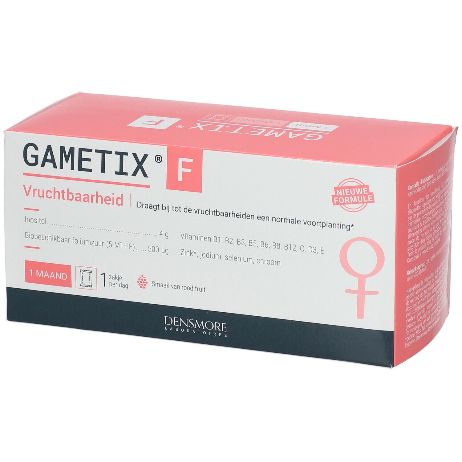 Boîte Gametix F. Inscription: Vruchtbaarheid, Inositol, acide folique, vitamines, zinc, iode, sélénium, chrome. Symbole féminin rouge.