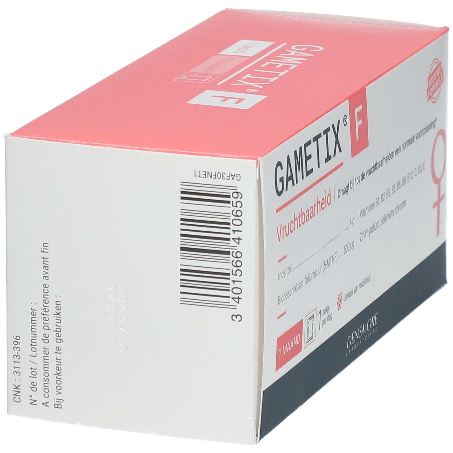 Boîte Gametix F. Inscription: Vruchtbaarheid, Inositol, acide folique, vitamines, zinc, iode, sélénium, chrome. Symbole féminin rouge.