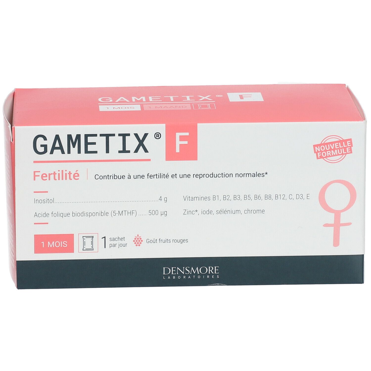 Boîte Gametix F. Inscription: Fertilité, Inositol, acide folique, vitamines, zinc, iode, sélénium, chrome. Symbole féminin rouge.