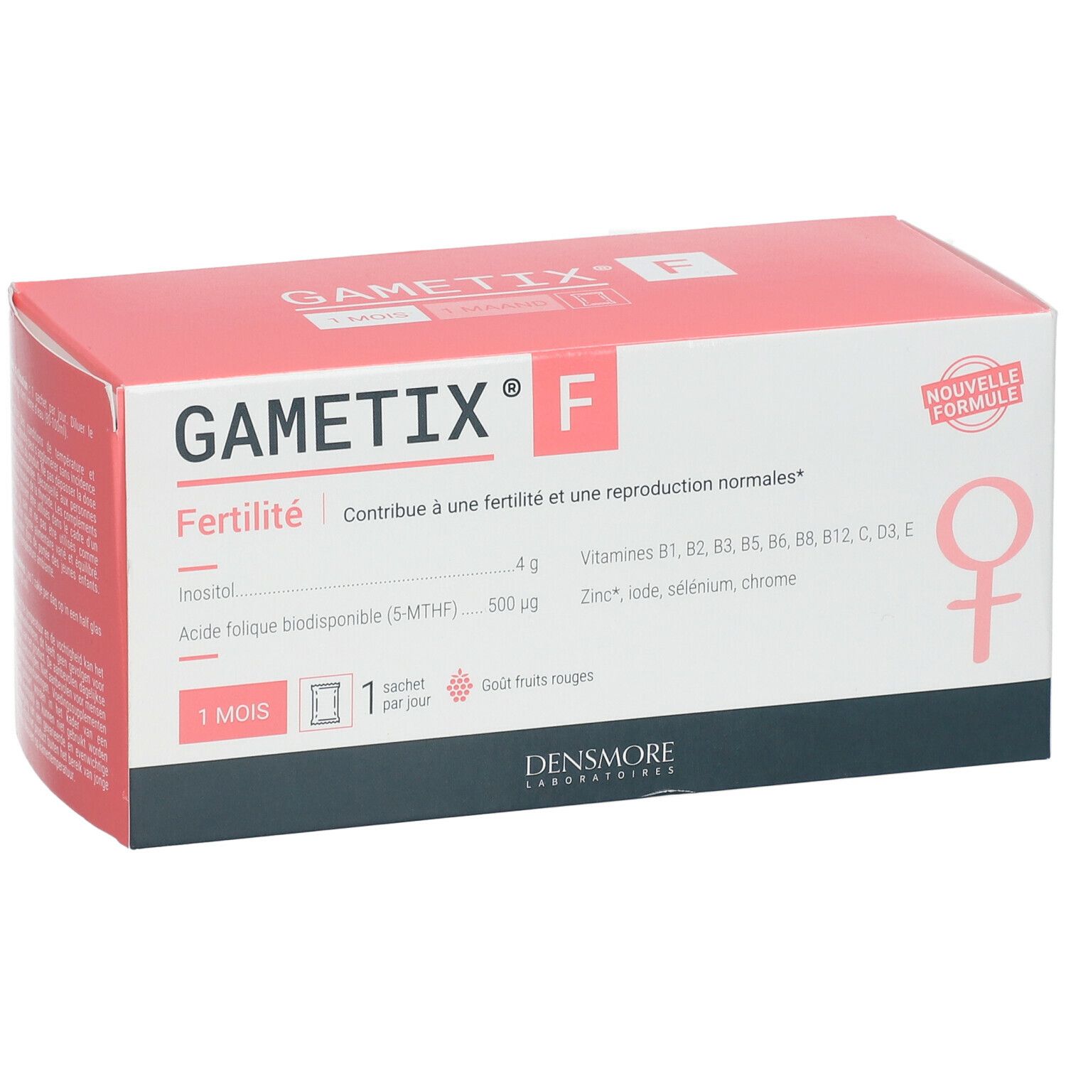 Boîte Gametix F. Inscription: Fertilité, Inositol, acide folique, vitamines, zinc, iode, sélénium, chrome. Symbole féminin rouge.