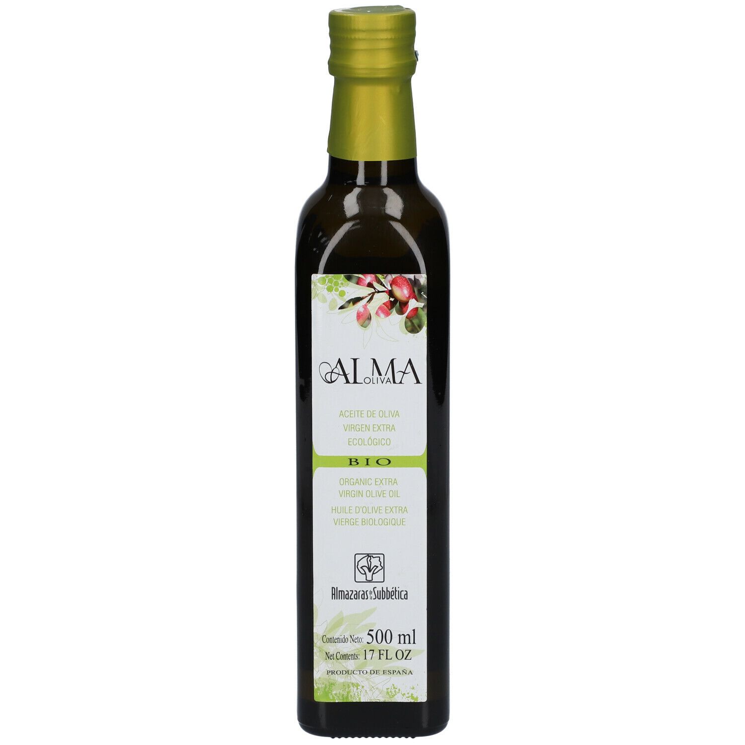 Bouteille en verre vert avec bouchon doré. Étiquette avec nom du produit et label BIO.
