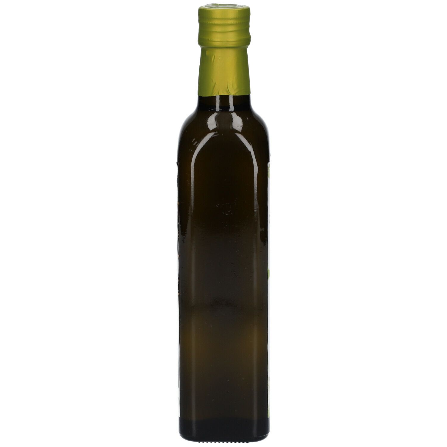 Bouteille en verre vert vide avec bouchon doré. Forme carrée.